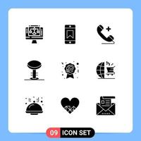 Modern Set of 9 Solid Glyphs Pictograph of sign badge phone stool furniture Editable Vector Design Elements