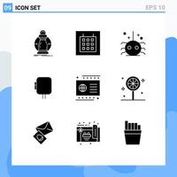 Group of 9 Modern Solid Glyphs Set for credit transformer bug power voltage Editable Vector Design Elements