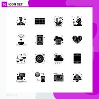 Solid Glyph Pack of 16 Universal Symbols of science antenna investment transmitter radio Editable Vector Design Elements