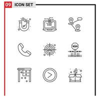 Group of 9 Outlines Signs and Symbols for head shot target gps auditory phone Editable Vector Design Elements