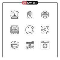 Universal Icon Symbols Group of 9 Modern Outlines of fast food time machine globe clock economy Editable Vector Design Elements