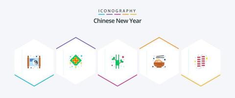 año nuevo chino 25 paquete de iconos planos que incluye fuegos artificiales. China. bambú. fideos. chino vector