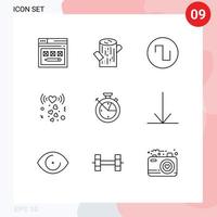 Group of 9 Outlines Signs and Symbols for clock measure sound signal love Editable Vector Design Elements