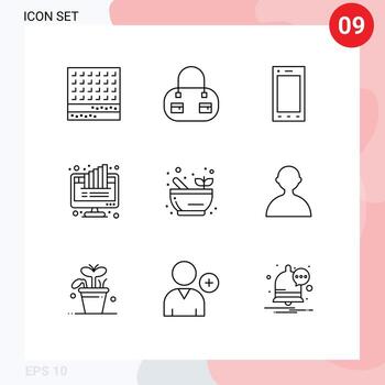 conjunto de 9 contornos vectoriales en la cuadrícula para elementos de diseño vectorial editables del gráfico del monitor ipad de la tarta científica vector