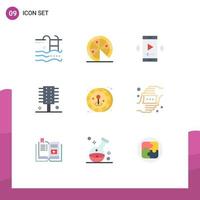 Pictogram Set of 9 Simple Flat Colors of spa salon cosmetics film comb video player app Editable Vector Design Elements