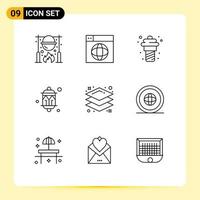 9 User Interface Outline Pack of modern Signs and Symbols of lantern decoration globe celebration ice cream Editable Vector Design Elements