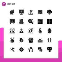 User Interface Pack of 25 Basic Solid Glyphs of control online launching laptop book Editable Vector Design Elements