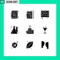 Group of 9 Modern Solid Glyphs Set for laboratory experiment down culture decoration Editable Vector Design Elements