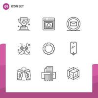 9 Universal Outlines Set for Web and Mobile Applications gear moustache security hair e commerce Editable Vector Design Elements