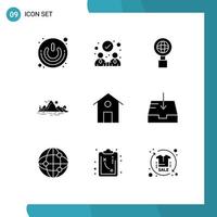 Mobile Interface Solid Glyph Set of 9 Pictograms of house tree globe mountain hill Editable Vector Design Elements