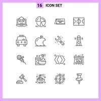 Pack of 16 Modern Outlines Signs and Symbols for Web Print Media such as car sport pie chart field time Editable Vector Design Elements