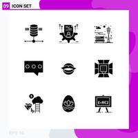 Mobile Interface Solid Glyph Set of 9 Pictograms of mouth message configure hint recreation Editable Vector Design Elements