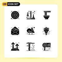 Mobile Interface Solid Glyph Set of 9 Pictograms of forest greetings tube fathers ramen Editable Vector Design Elements