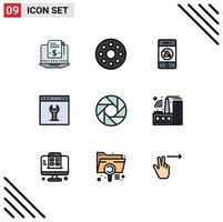 Pack of 9 Modern Filledline Flat Colors Signs and Symbols for Web Print Media such as camera setting mute page gear Editable Vector Design Elements