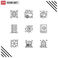 Set of 9 Commercial Outlines pack for hosting data learning tea drink Editable Vector Design Elements