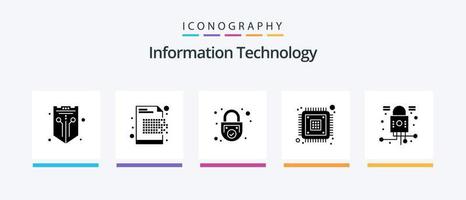 Information Technology Glyph 5 Icon Pack Including device. chip. encryption. security. safe. Creative Icons Design vector