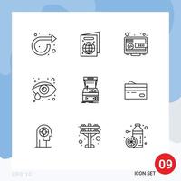 conjunto de pictogramas de 9 contornos simples de consola de máquina seo arcade salud ocular elementos de diseño vectorial editables vector