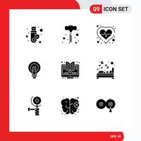 Pictogram Set of 9 Simple Solid Glyphs of power light heart idea bright Editable Vector Design Elements