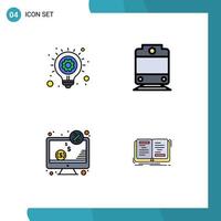 4 User Interface Filledline Flat Color Pack of modern Signs and Symbols of bulb monitor business idea computer book Editable Vector Design Elements