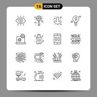 Pack of 16 creative Outlines of setting laptop ornament power bulb Editable Vector Design Elements