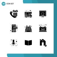 Pack of 9 Modern Solid Glyphs Signs and Symbols for Web Print Media such as electric stair backboard payment card Editable Vector Design Elements