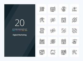 20 icono de esquema de marketing digital para presentación vector