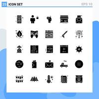 User Interface Pack of 25 Basic Solid Glyphs of building store unlocked shop office Editable Vector Design Elements