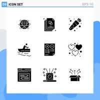 Pack of 9 Modern Solid Glyphs Signs and Symbols for Web Print Media such as water rowing creative boat food Editable Vector Design Elements