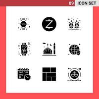 Solid Glyph Pack of 9 Universal Symbols of muslim moon india mosque watch Editable Vector Design Elements