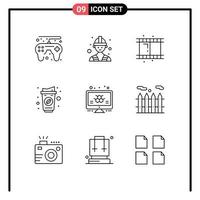 Modern Set of 9 Outlines Pictograph of heating monitor video info drink Editable Vector Design Elements