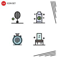 Set of 4 Modern UI Icons Symbols Signs for badminton action tennis electricity flow Editable Vector Design Elements