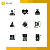 Set of 9 Vector Solid Glyphs on Grid for sweet cocktail film travel speedup Editable Vector Design Elements