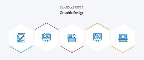 diseño gráfico 25 paquete de iconos azules que incluye disminución. computadora. Lámpara de mesa. cultivo. herramientas vector