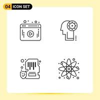 Line Pack of 4 Universal Symbols of video lock brainstorming head mobile Editable Vector Design Elements