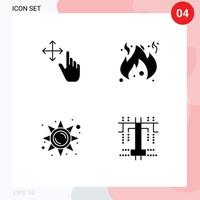 Modern Set of 4 Solid Glyphs Pictograph of finger sun light danger brightness process Editable Vector Design Elements