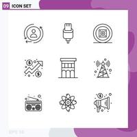 Pack of 9 Modern Outlines Signs and Symbols for Web Print Media such as house architecture music graph chart Editable Vector Design Elements