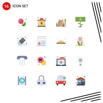 Paquete de 16 colores planos de interfaz de usuario de signos y símbolos modernos de eliminar eliminar camping crecimiento dinero paquete editable de elementos creativos de diseño de vectores