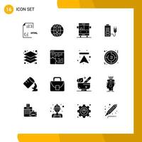 Solid Glyph Pack of 16 Universal Symbols of design power world battery school bus Editable Vector Design Elements