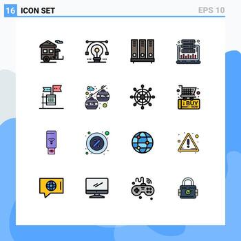 Pack of 16 creative Flat Color Filled Lines of hosting analysis vector file database Editable Creative Vector Design Elements