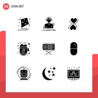 Set of 9 Vector Solid Glyphs on Grid for irish drum heart cup break Editable Vector Design Elements