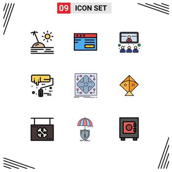 Set of 9 Vector Filledline Flat Colors on Grid for data roller call paint roller video Editable Vector Design Elements