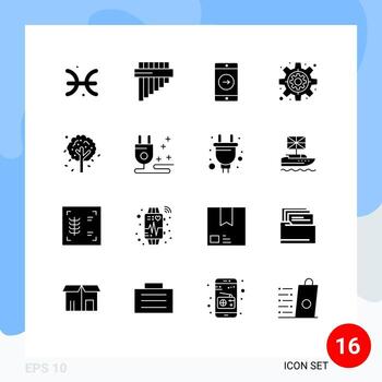 Pack of 16 Modern Solid Glyphs Signs and Symbols for Web Print Media such as plug leaf right autumn gear Editable Vector Design Elements