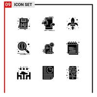 Set of 9 Commercial Solid Glyphs pack for time notification game magnifier weapon Editable Vector Design Elements