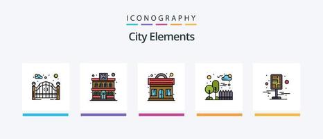 la línea de elementos de la ciudad llenó el paquete de 5 iconos, incluida la luna. casa. portón. casa. edificio. diseño de iconos creativos vector