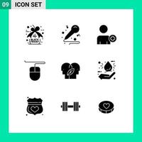 User Interface Pack of 9 Basic Solid Glyphs of drop mind multimedia head eco Editable Vector Design Elements