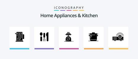 Home Appliances And Kitchen Glyph 5 Icon Pack Including kitchen. weight. service. weighing. machine. Creative Icons Design vector