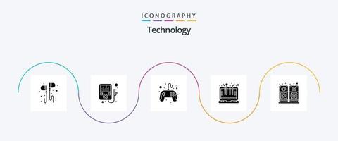 paquete de iconos de glifo 5 de tecnología que incluye altavoz. música. controlador. ordenador portátil. computadora vector