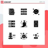 Set of 9 Commercial Solid Glyphs pack for therapy ginseng planet drug datacenter Editable Vector Design Elements