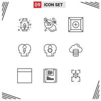 Set of 9 Vector Outlines on Grid for setting control new brain people Editable Vector Design Elements