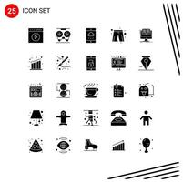 Set of 25 Commercial Solid Glyphs pack for player dress clothes recorder cloth weather Editable Vector Design Elements